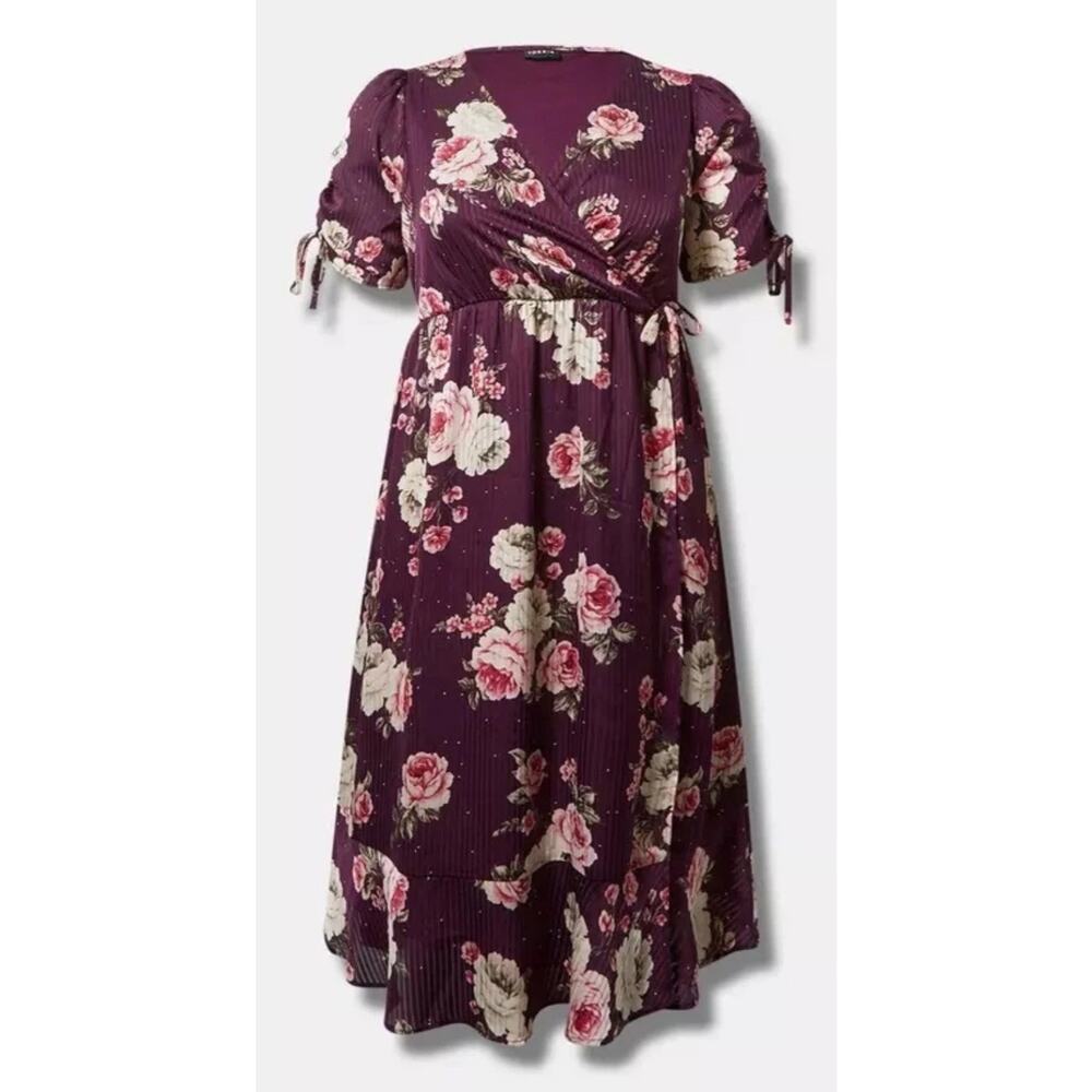 Torrid Womens Purple Floral Dobby Satin Surplice Wrap Midi Dress Plus Size 2XL - Picture 5 of 15